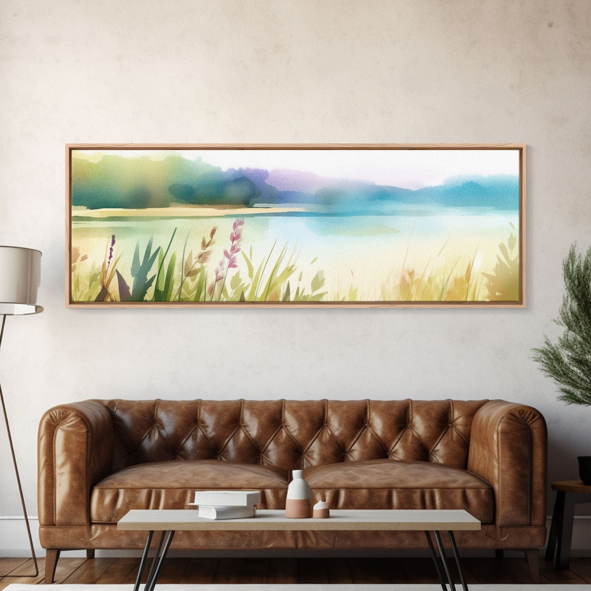 Abstract Nature Wall Art Print, Wildflowers, Lake, River,  Watercolor Art, Large Canvas Art Print, Panoramic, Wall Art, Canvas Print