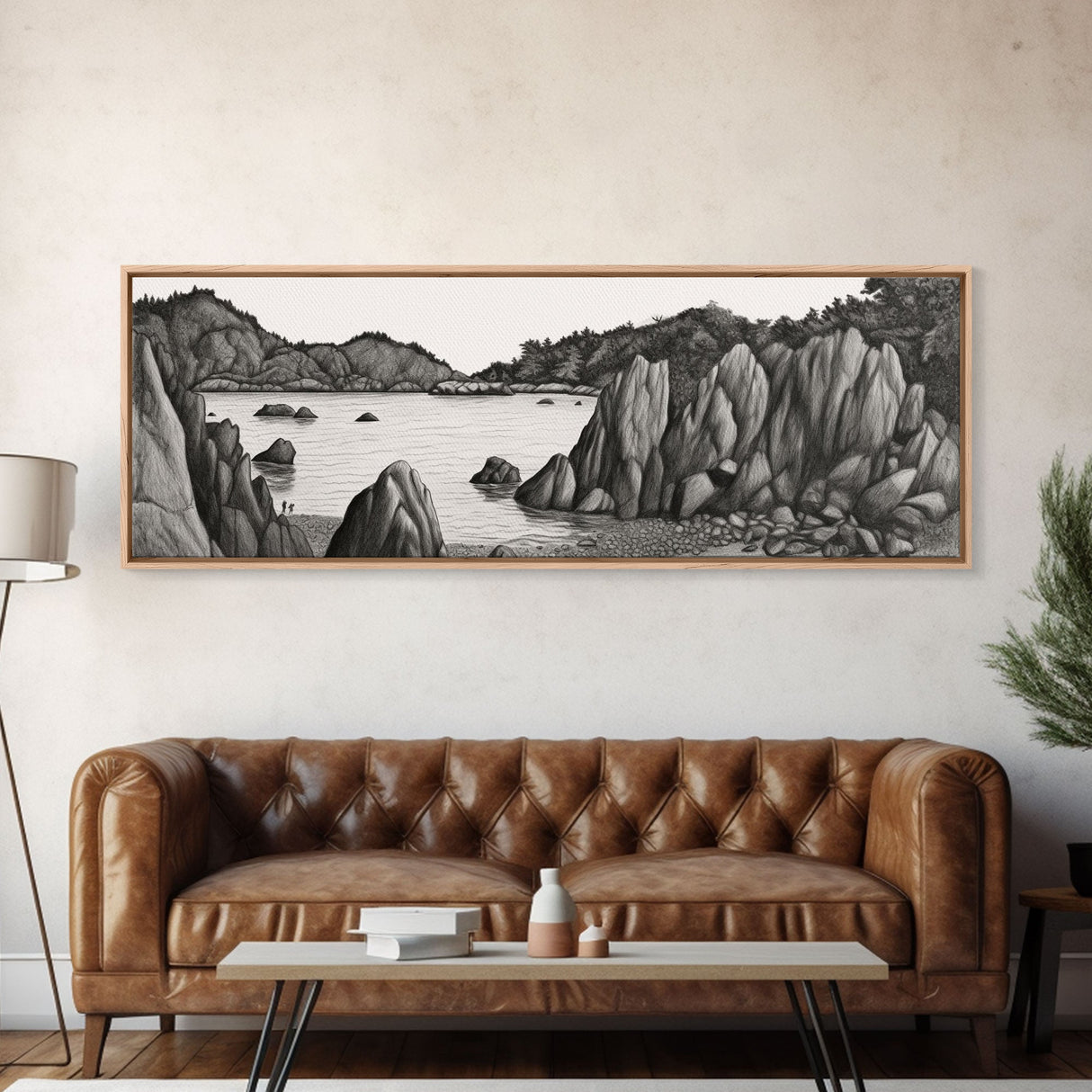 Pencil Sketch River Wall Art Print, Nature, Water, Black And White, Wall Decor, Large Canvas Art Print, Panoramic, Wall Art, Canvas Print