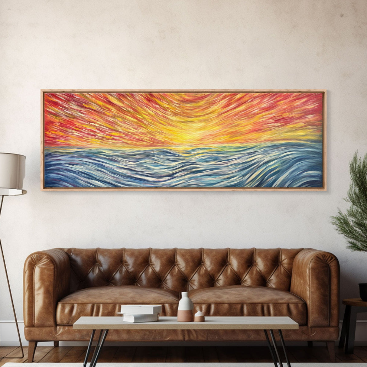 Large Textured Nature Abstract Wall Art, Sunset Over Sea Abstract, Yellow, Blue, Horizon, Wall Decor, Panoramic, Wall Art, Canvas Print