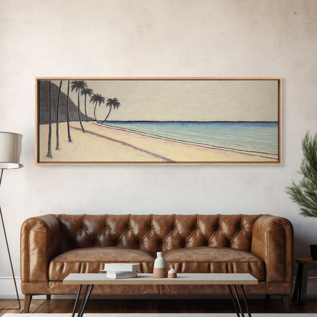 Minimalist Beach Canvas Art Print, Seashore, Shoreline, Ocean, Plam Trees, Tropical Beach, Wall Decor, Panoramic, Wall Art, Canvas Print