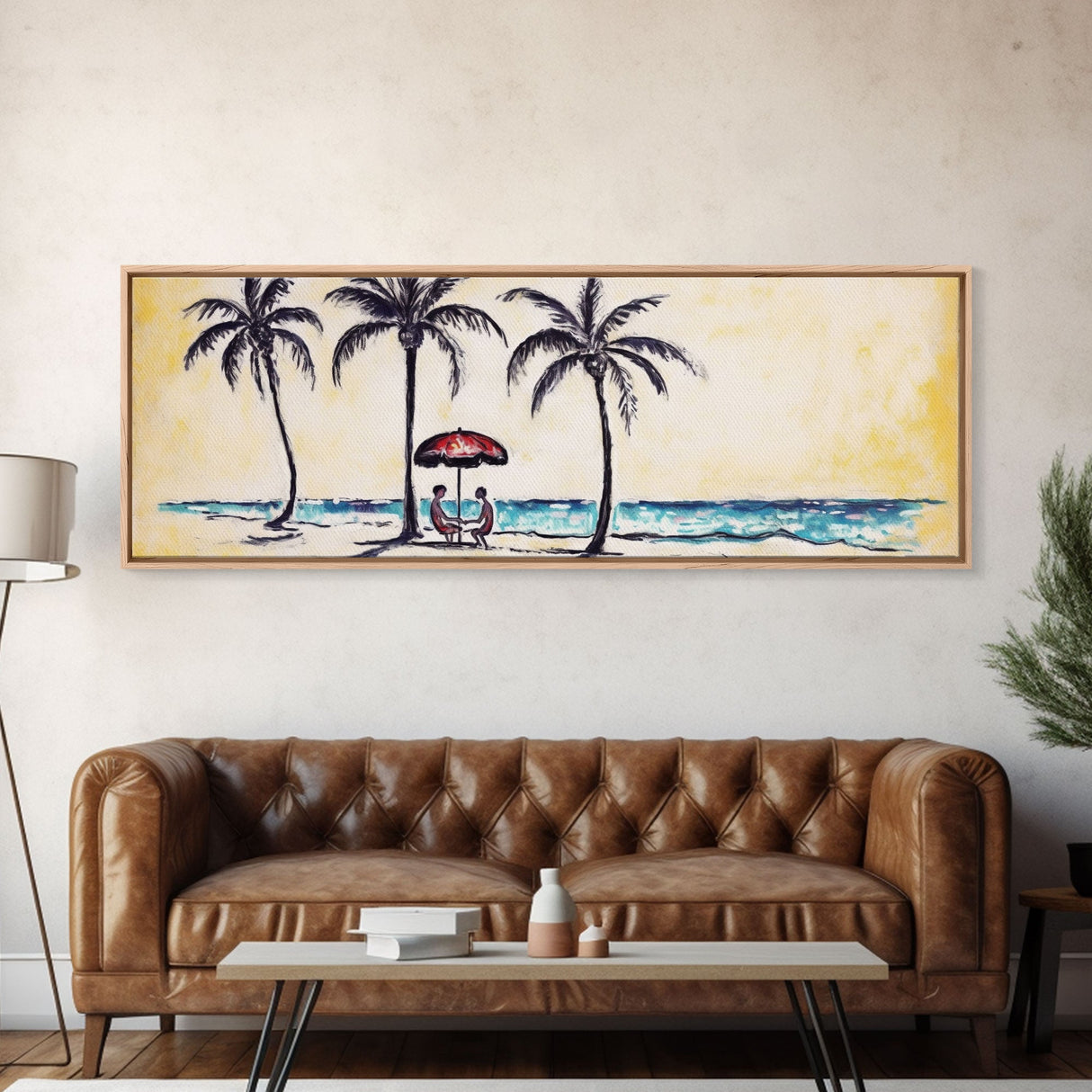 Couple In Beach Scene Art, Minimalist Beach Canvas Art Print, Palm Trees, Canvas Wall Art Beach, Panoramic, Wall Art, Canvas Print