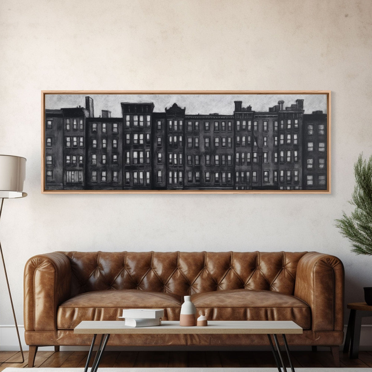 Row Of Buildings Pencil Sketch, Monochromatic Art, City Art, Large Urban Art Print, Wall Decor, Panoramic, Wall Art, Canvas Print