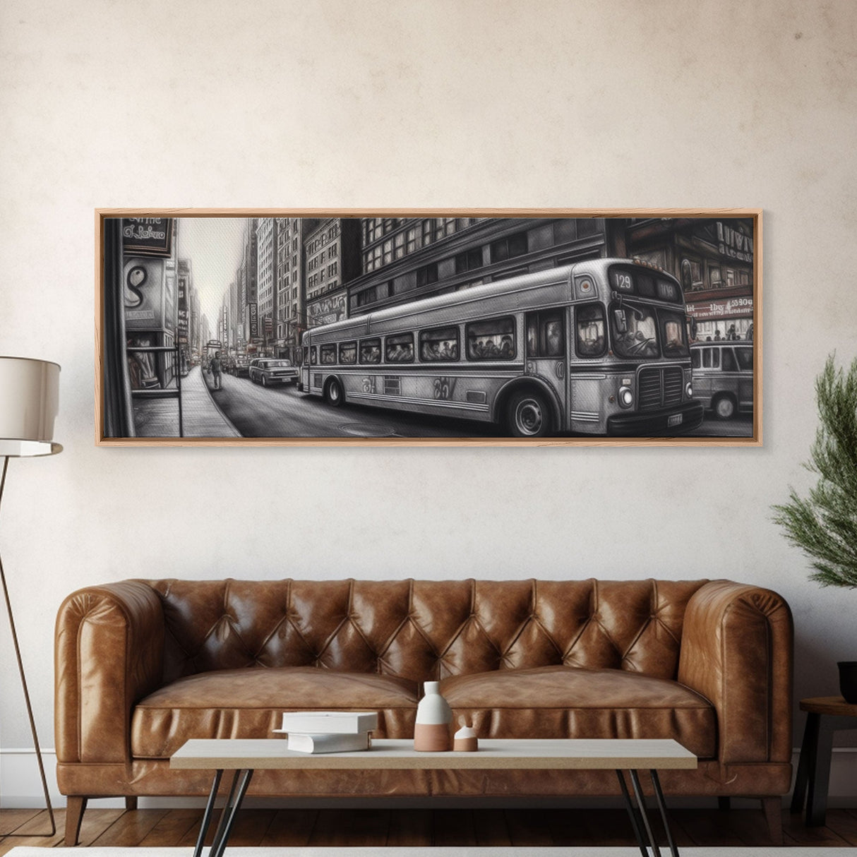 Detailed Street Pencil Sketch Canvas Print, City Wall Art, Bus, Cars, Traffic, Buildings, Urban Art Print, Panoramic, Wall Art, Canvas Print