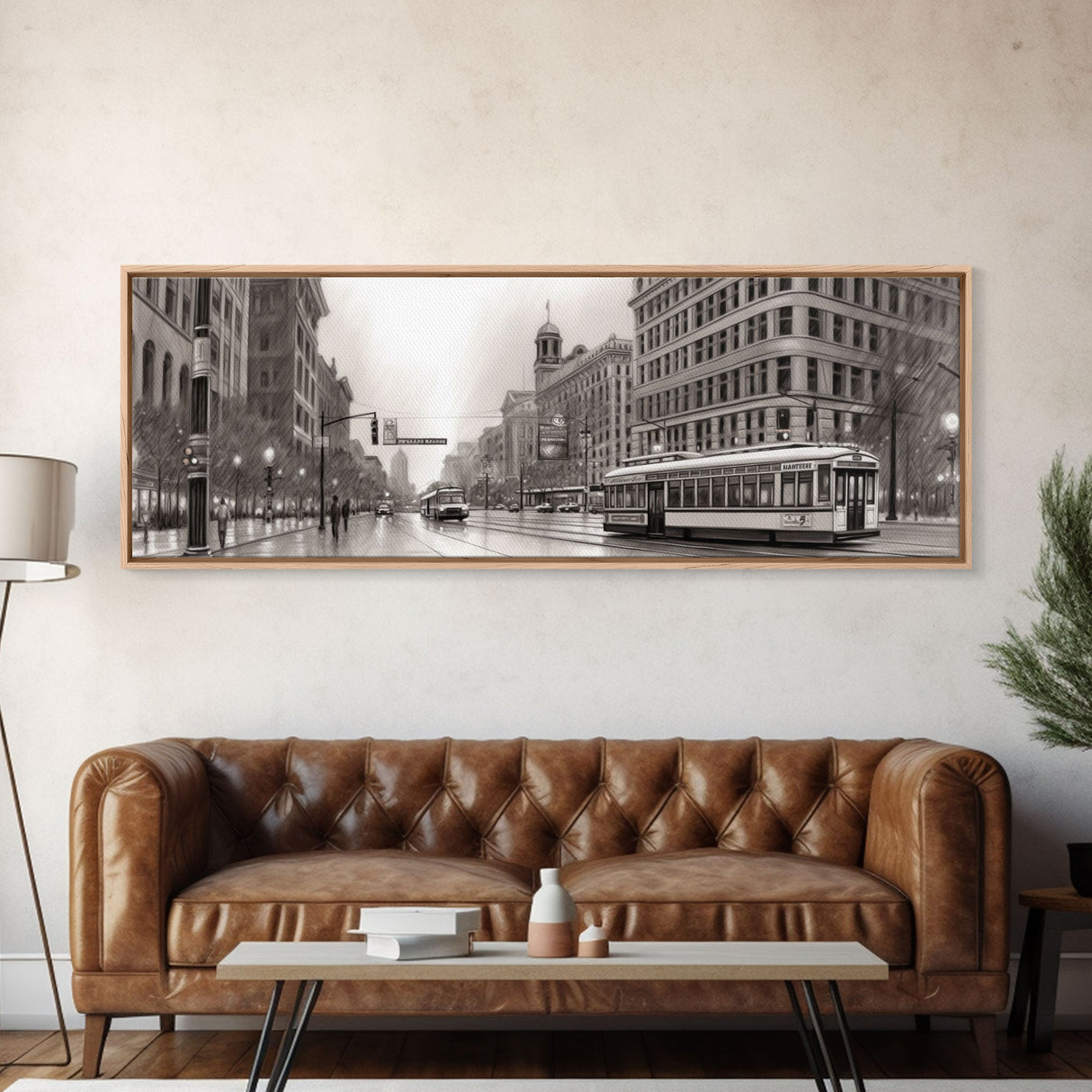 Detailed Street Sketch Canvas Print, City Wall Art, Bus, Cars, Buildings, Monochromatic Urban Art Print, Panoramic, Wall Art, Canvas Print