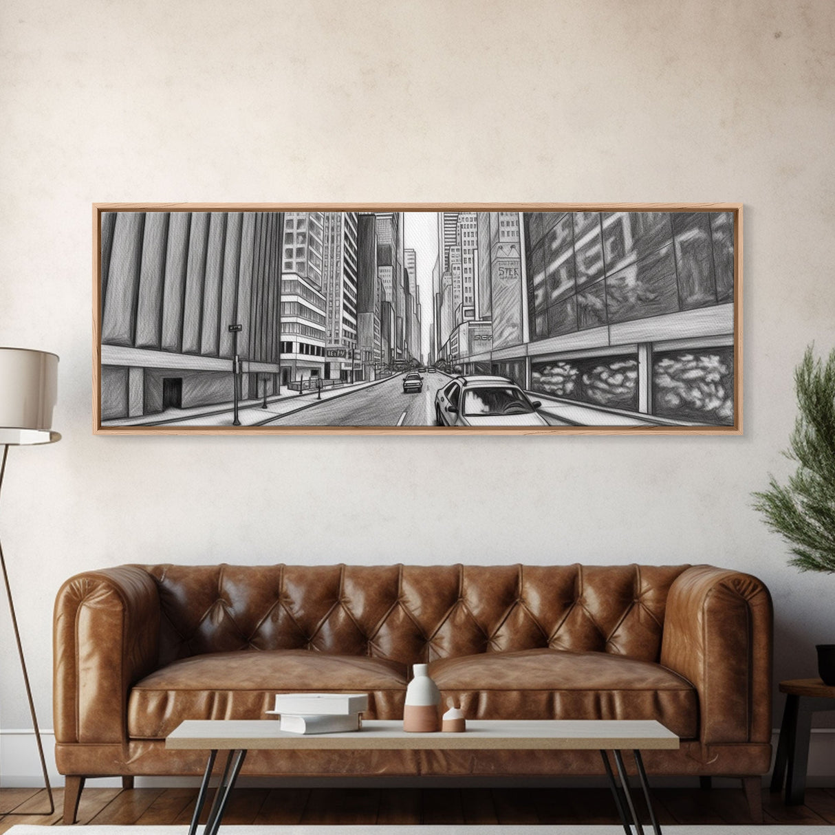 Pencil Sketch City Canvas Print, Buildings, Cars, Street, Urban Art, Large Urban Art Print, Wall Decor, Panoramic, Wall Art, Canvas Print