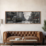 Streetcars In The City Canvas Print, Vintage Art, People On Sidewalk, City Art, Large Urban Art Print, Panoramic, Wall Art, Canvas Print