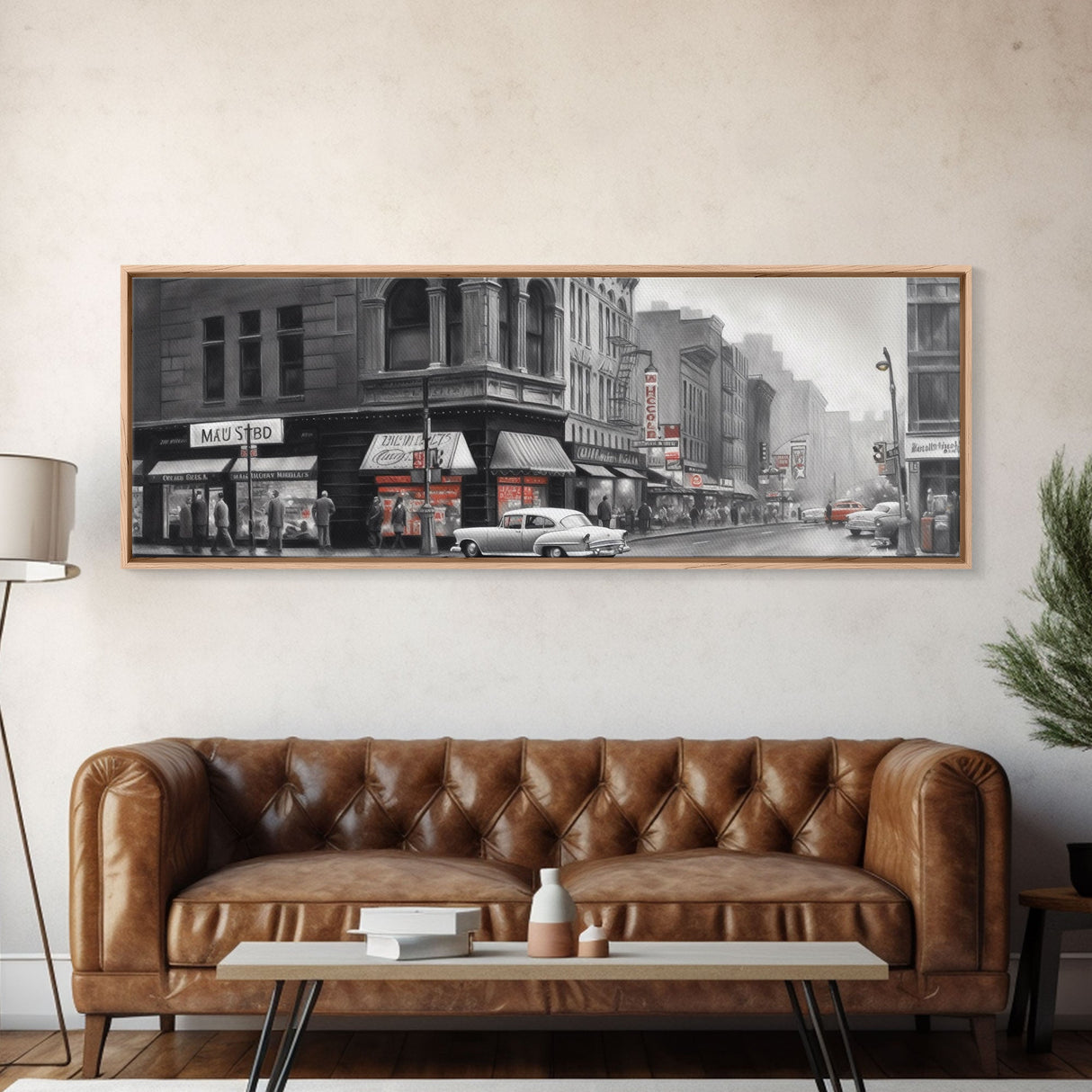 Vintage Cars City Canvas Print, Vintage Art, Buildings, People On Sidewalk, Large Urban Art Print, Panoramic, Wall Art, Canvas Print