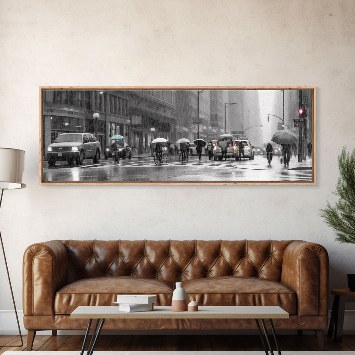 Rainy Day In The City Canvas Print, People With Umbrellas, City Art, Wall Decor, Large Urban Art Print, Panoramic, Wall Art, Canvas Print