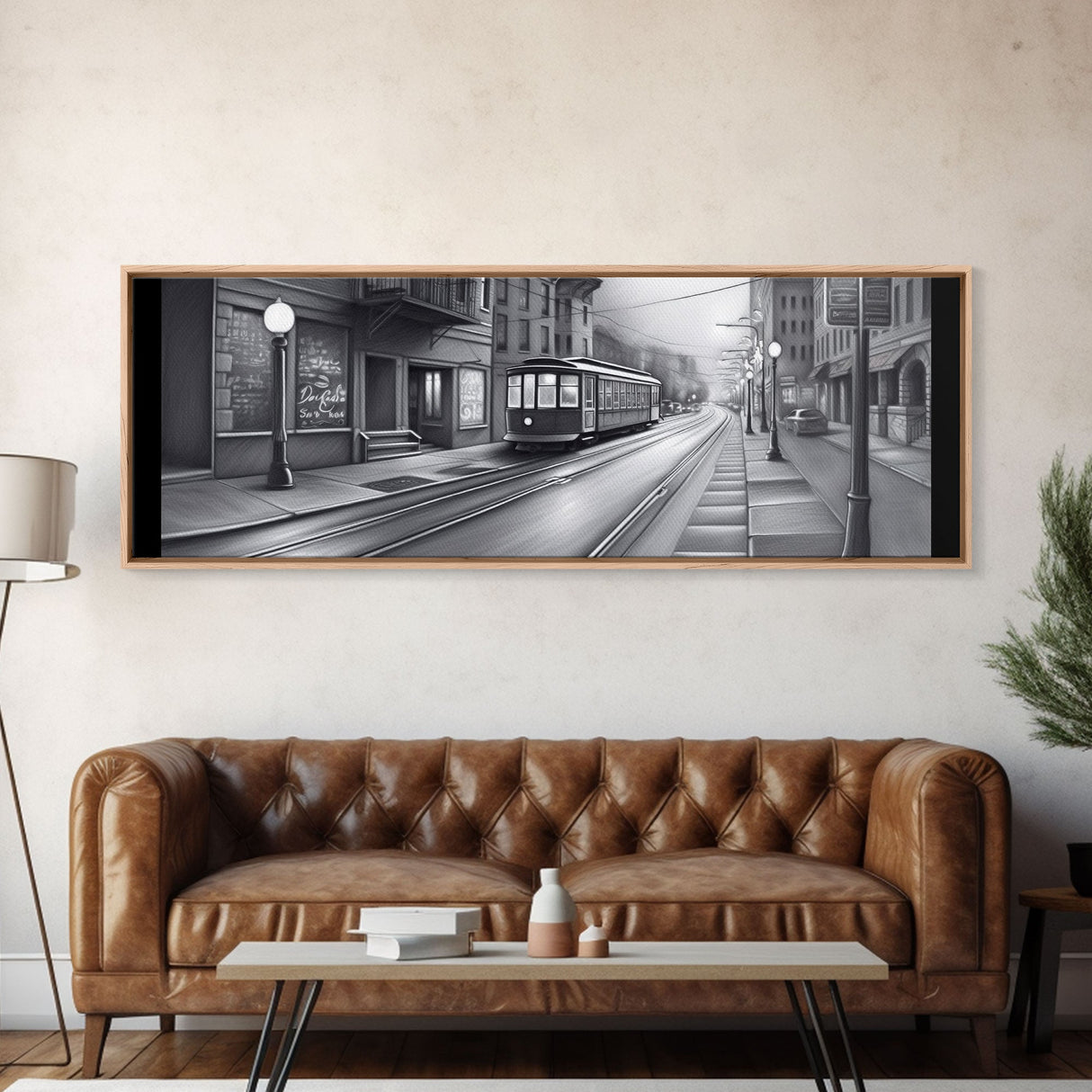 Monochromatic Tram Canvas Print, Pencil Sketch City Art, Wall Decor, Large Urban Art Print, Panoramic, Wall Art, Canvas Print