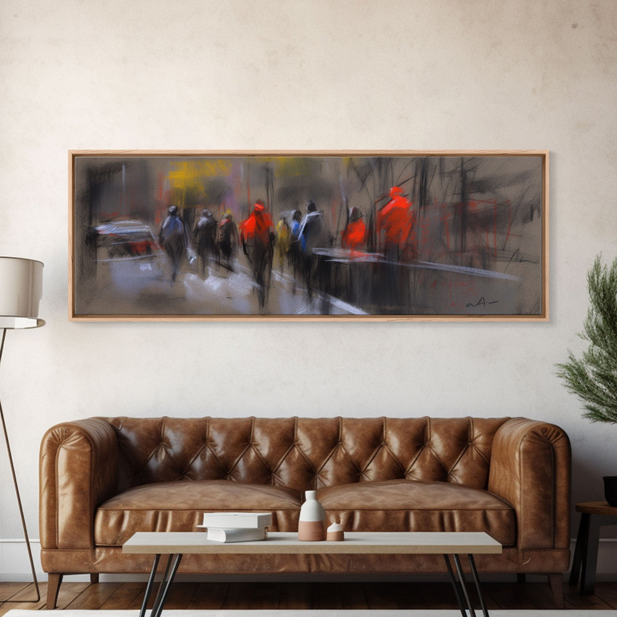 Abstract People On Street Canvas Print, Abstract Urban Art, Vibrant Art, Line Art City Wall Decor, Panoramic, Wall Art, Canvas Print