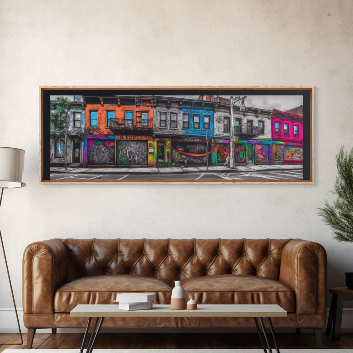 Run Down Row Of Buildings Canvas Print, Large Urban Art Print, Graffiti Street Art, Vibrant Art, Panoramic, Wall Art, Canvas Print