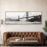 Black And White Suspension Bridge Canvas Print, Large Urban Art Print, Sailboat, River, Landscape, Panoramic, Wall Art, Canvas Print