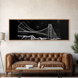 Black And White Suspension Bridge Canvas Print, Large Urban Art Print, Line Art, Chalk Wall Decor, Panoramic, Wall Art, Canvas Print