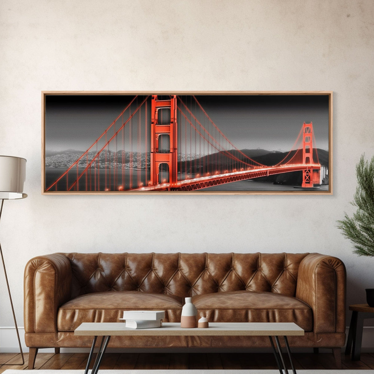 Red Suspension Bridge Canvas Print, Large Urban Art Print, City Lights, Night Scene, Mountain, Panoramic, Wall Art, Canvas Print