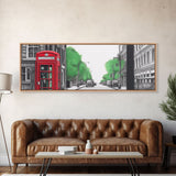 Red Vintage Phone Booth, London Art Print, Street Pencil Sketch Art, Green Trees, Perspective Art, Panoramic, Canvas Print, Wall Art