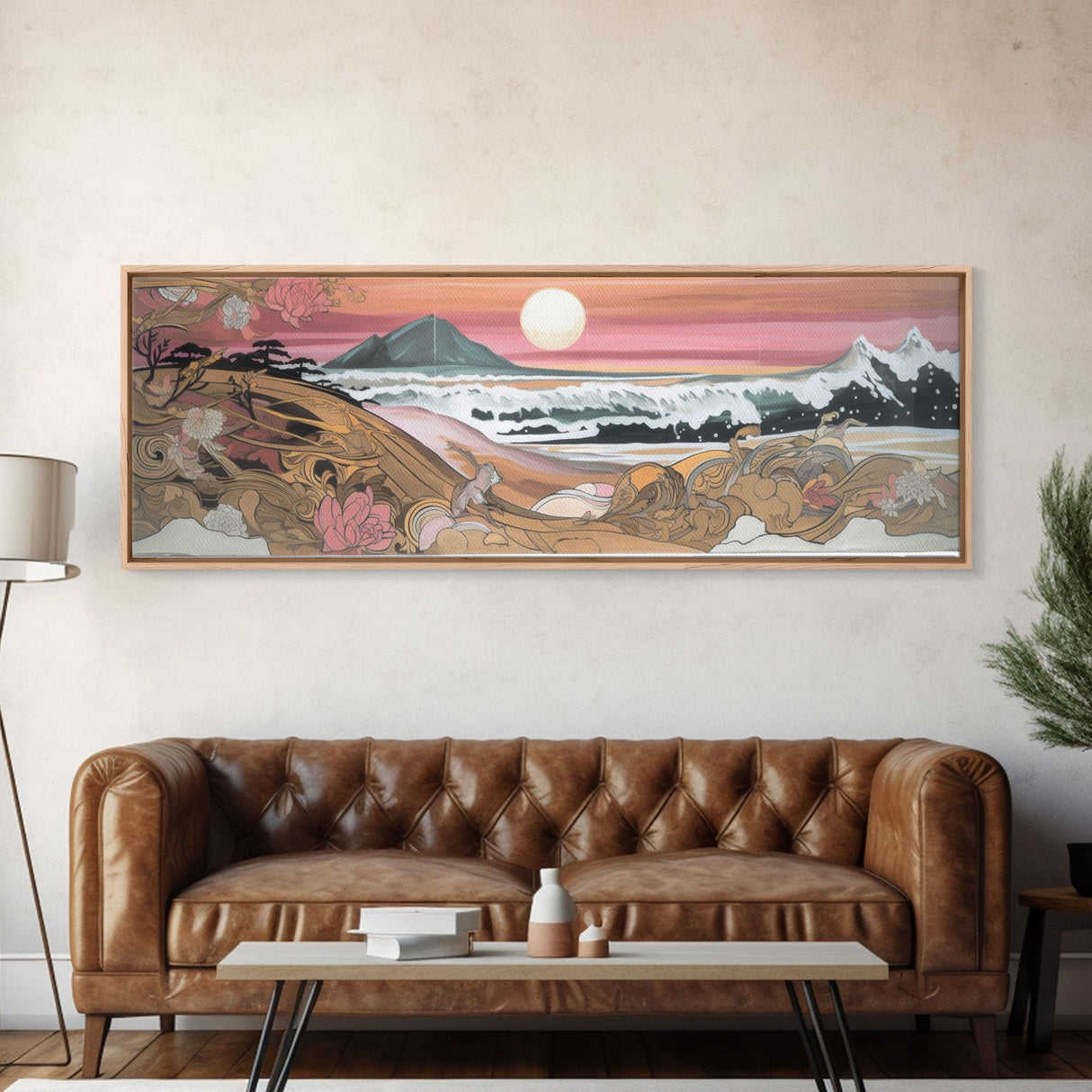 Japanese Style Seascape Canvas Art Print, Full Moon, Big Waves, Pink Flowers, Mountain, Wall Decor, Panoramic, Wall Art, Canvas Print