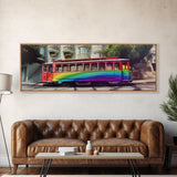 Rainbow Streetcar Canvas Print, Tram Wall Decor, Urban Art, Large Canvas Print, Framed Art, Wall Decor, Panoramic, Wall Art, Canvas Print