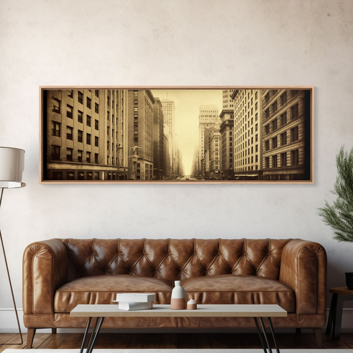 City Scape Wall Art, City Skyline Wall Art, Framed Canvas, Sepia Art, Perspective Art Print, Wall Decor, Panoramic, Wall Art, Canvas Print