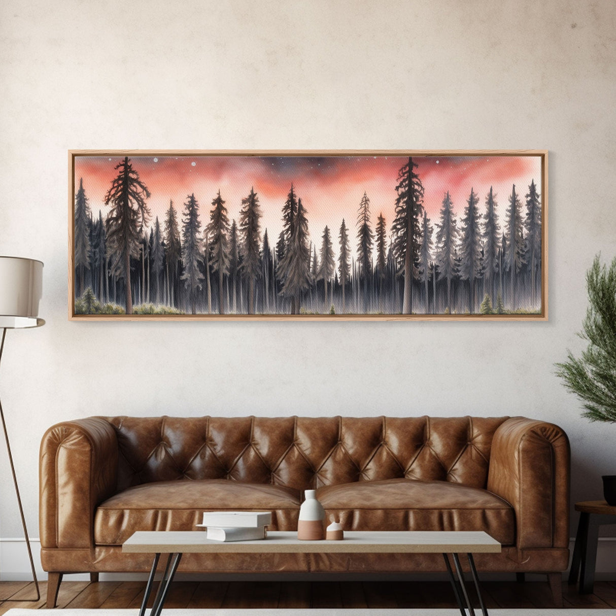 Woods Wall Art, Forest Art Print, Pink Sky, Pine Trees, Framed Canvas Print, Colored Pencil Art, Panoramic, Wall Art, Canvas Print