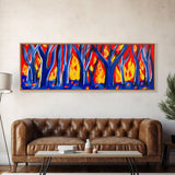 Forest On Fire, Red Flames, Blue Trees, Abstract Forest Art, Canvas Wall Decor, Large Art Print, Panoramic, Wall Art, Canvas Print