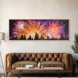 Fireworks Over Forest Canvas Art Print, Woods, Pines Trees, Wall Decor, Framed Large Canvas Print, Panoramic, Wall Art, Canvas Print