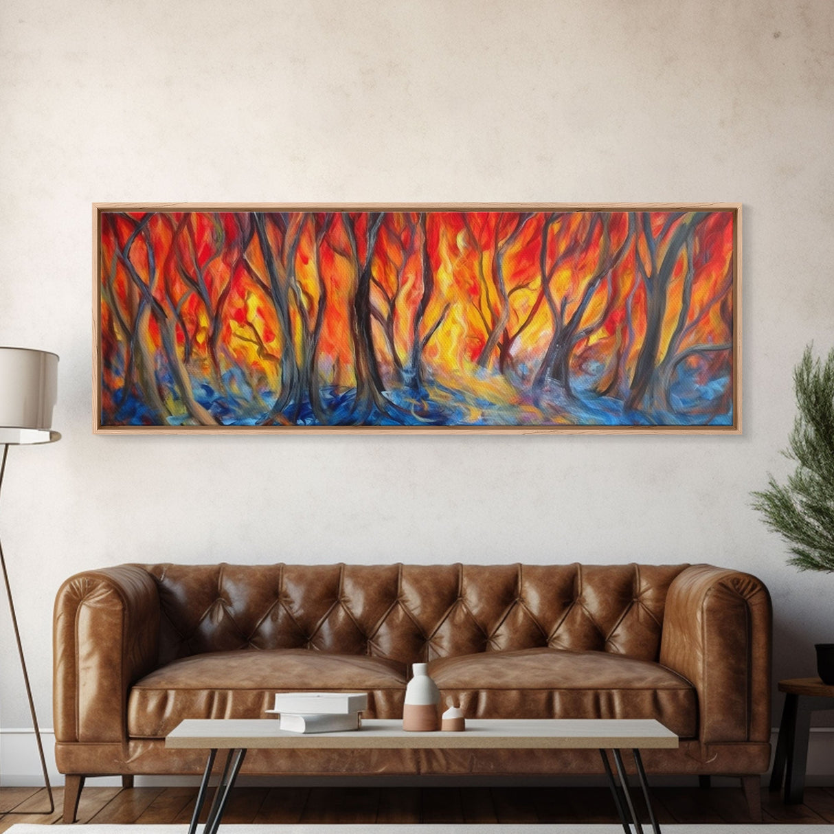 Flames In The Woods Canvas Art Print, Forest Fire, Red Flame, Wall Decor, Framed Large Canvas Print, Panoramic, Wall Art, Canvas Print