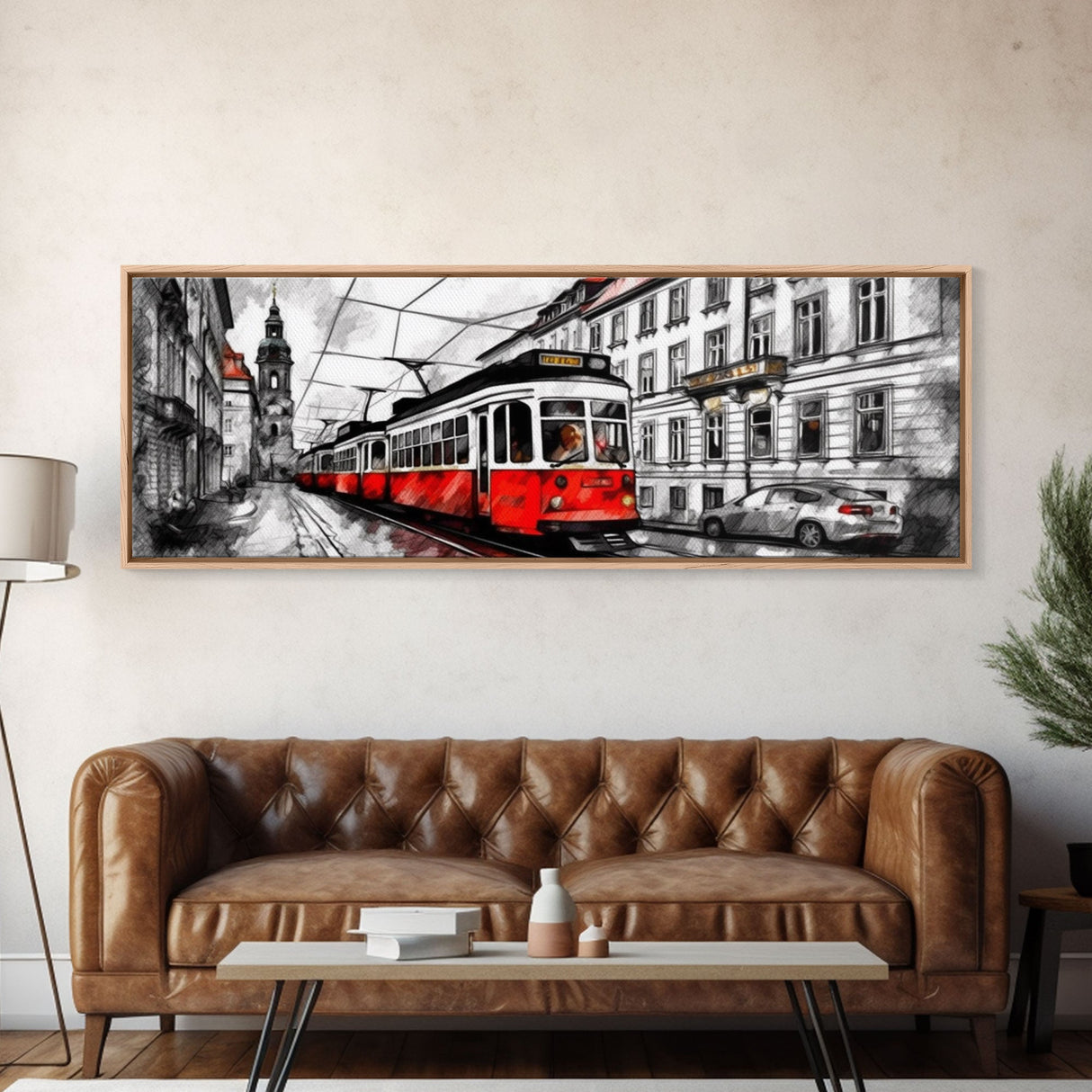 Marker Sketch Wall Art, Streetcar Wall Decor, Bell Tower, Street Art Print, Wall Art Decor, Panoramic, Framed Art, Canvas Print, Landscape