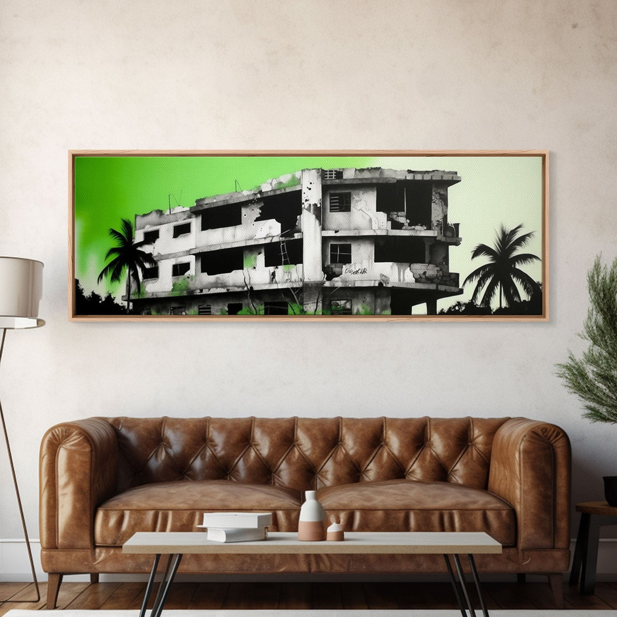 Torn Down Building Art Print, Ruins, Abandoned Structure, Green Background, Large Framed Canvas Print, Panoramic, Wall Art, Canvas Print