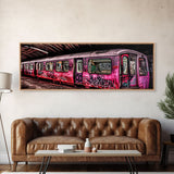 Pink Subway Train Canvas Art Print, Abandoned Train, Graffiti Art, Wall Decor, Large Framed Canvas Print, Panoramic, Wall Art, Canvas Print