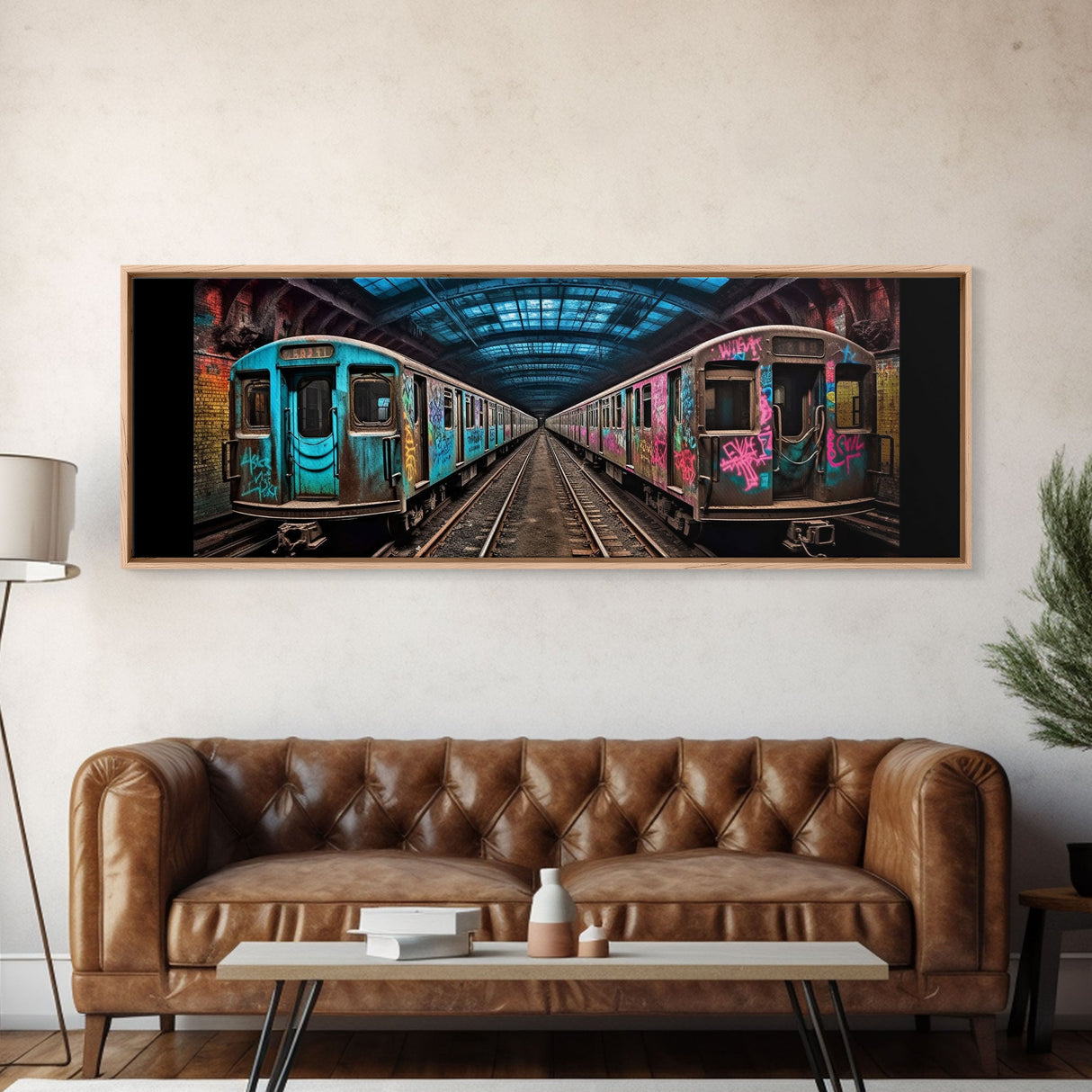 Urban Art Print, Graffiti On Abandoned Subway Train, Teal And Pink, Wall Decor, Large Framed Canvas Print, Panoramic, Wall Art, Canvas Print