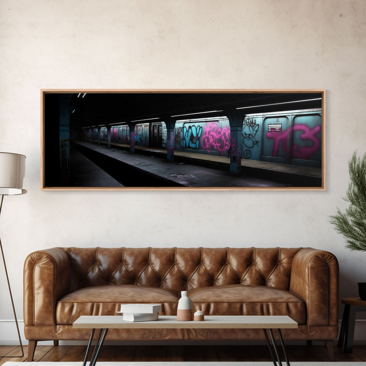 Urban Art, Graffiti On Subway Train, Pink And Teal Graffiti Art Canvas, Wall Decor Framed Canvas Print, Panoramic, Wall Art, Canvas Print