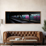 Urban Art, Graffiti On Subway Train, Pink And Teal Graffiti Art Canvas, Wall Decor Framed Canvas Print, Panoramic, Wall Art, Canvas Print