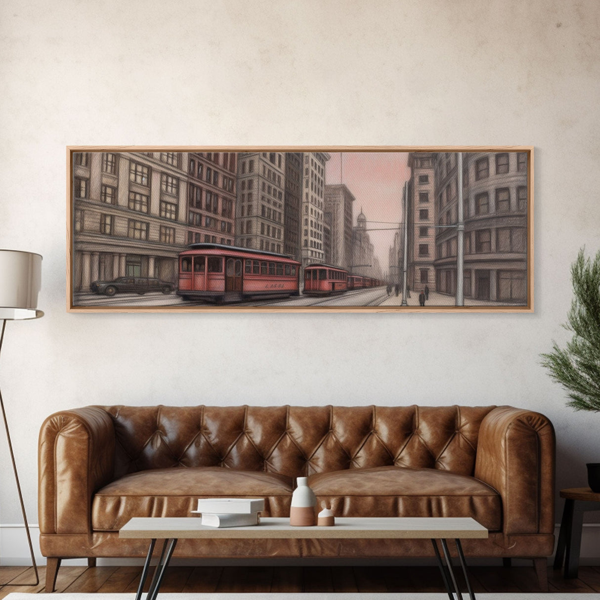 Colored Pencil Streetcar Urban Art Print, Red Train, Tram In The City, Sketch Art, City Art, Urban Print, Panoramic, Wall Art, Canvas Print