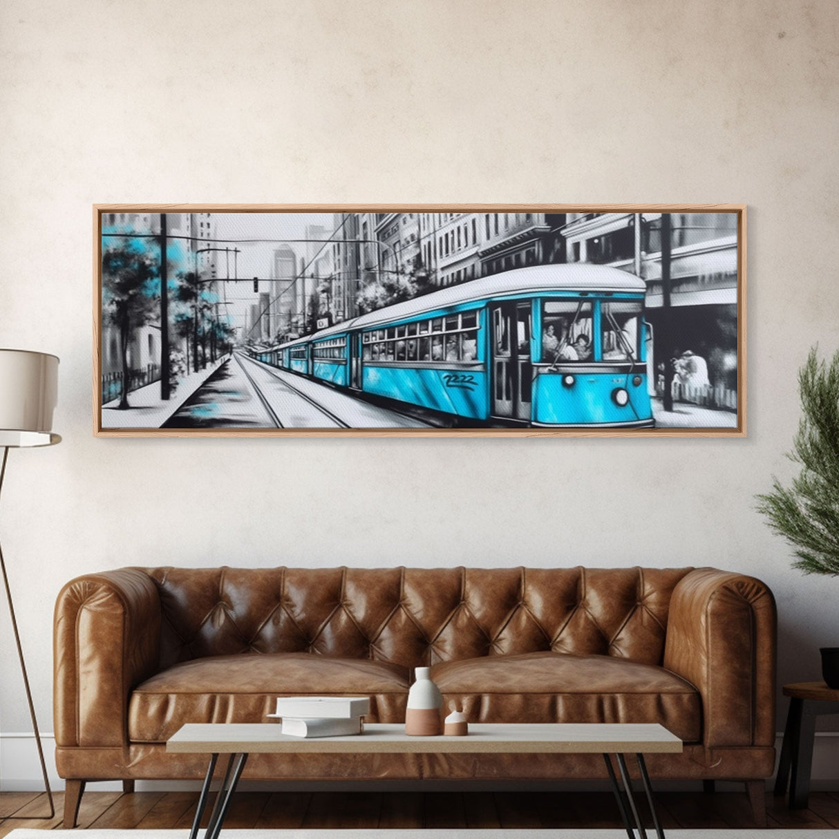 Teal Train, Tram In The City, Urban Art Painting, Large Mixed Media Art, Streetcar Print, City Art, Panoramic, Wall Art, Canvas Print