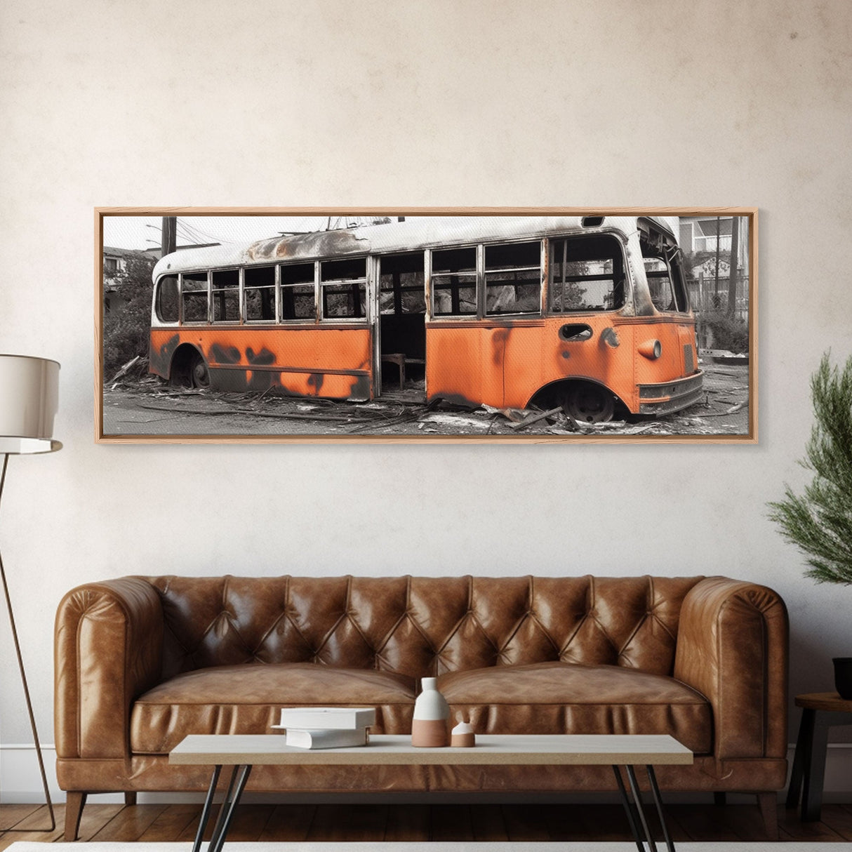 Old Burned Down Orange Bus, Abandoned Bus, Wall Decor, Bus Wreckage Canvas Art Print, Panoramic, Wall Art, Canvas Print