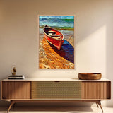 Abandoned Canoe On The Lake, Framed Canvas Print, Oil Painting Style, Abstract Wall Art, Lakehouse Wall Decor, Boho Art