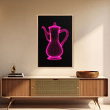 Pink 3D Cofee Pot Wall Art, Kitchen Wall Decor, 3D Art, Neon Lights, Minimalist Print, Wall Decor, Canvas Print, Wall Art, Framed Canvas