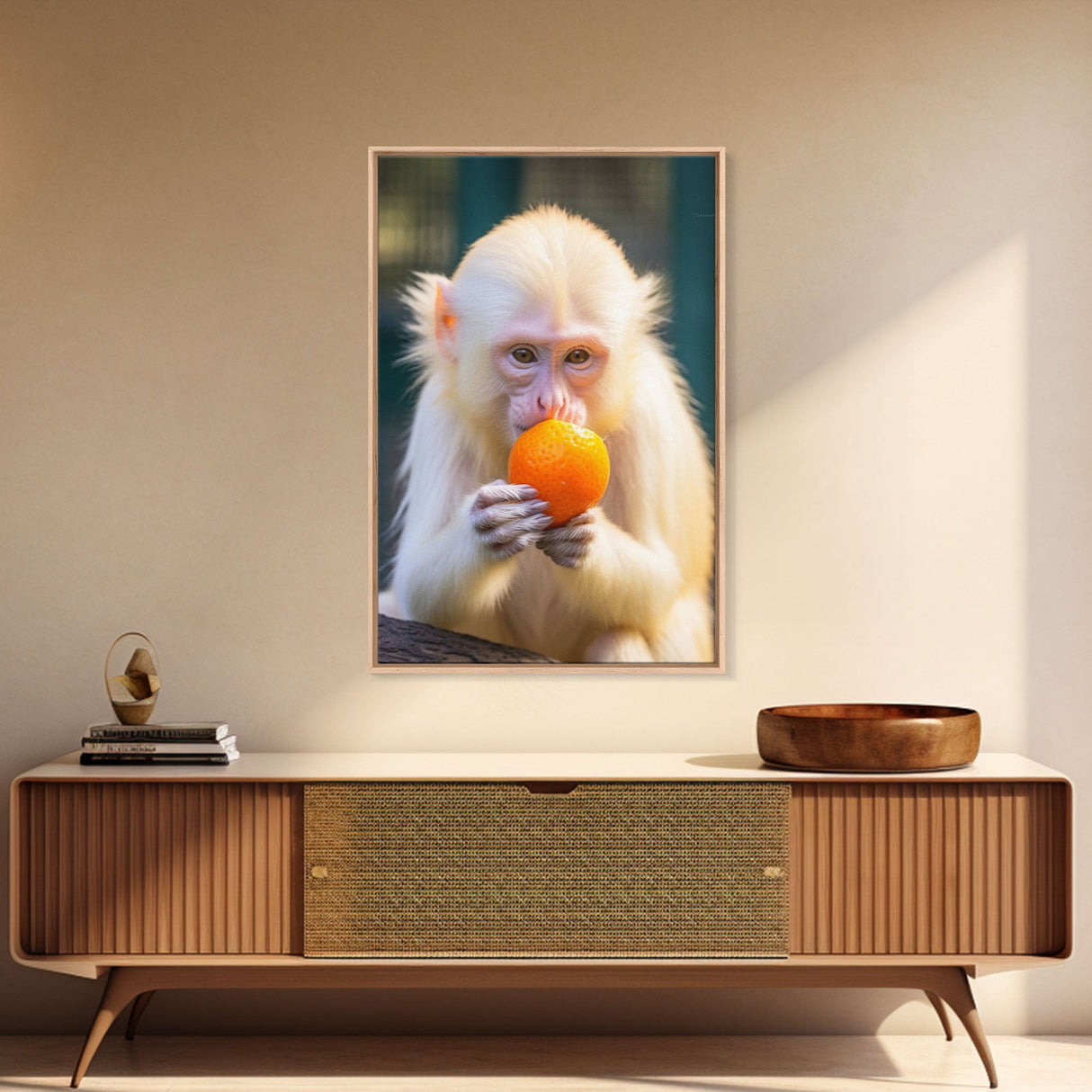 White Monkey Wall Decor, Albino Monkey Wall Art, Monkey Eating Orange, Animal Wall Art, Wall Decor, Canvas Print, Wall Art, Framed Canvas