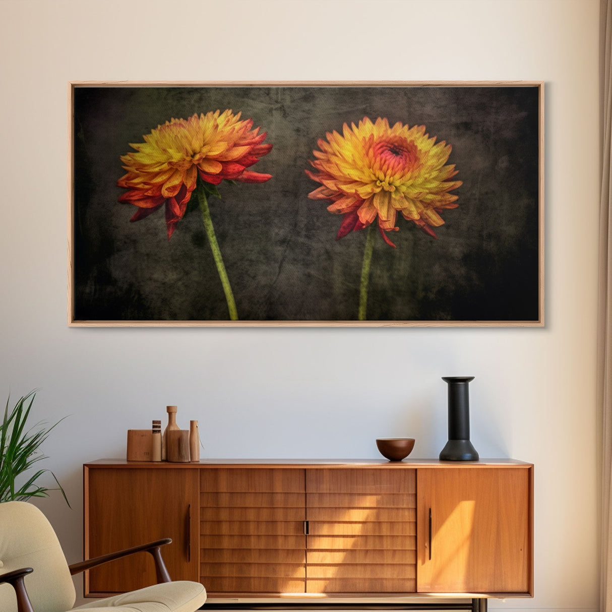 Orange Dalia Flowers Wall Decor, Floral Wall Art, Nature Print, Vibrant Art, Panoramic Wall Decor, Canvas Print, Wall Art, Framed Canvas Art