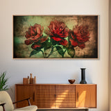 Roses Wall Decor, Floral Wall Art, Three Roses, Nature Print, Panoramic Wall Decor, Canvas Print, Wall Art, Framed Canvas Art