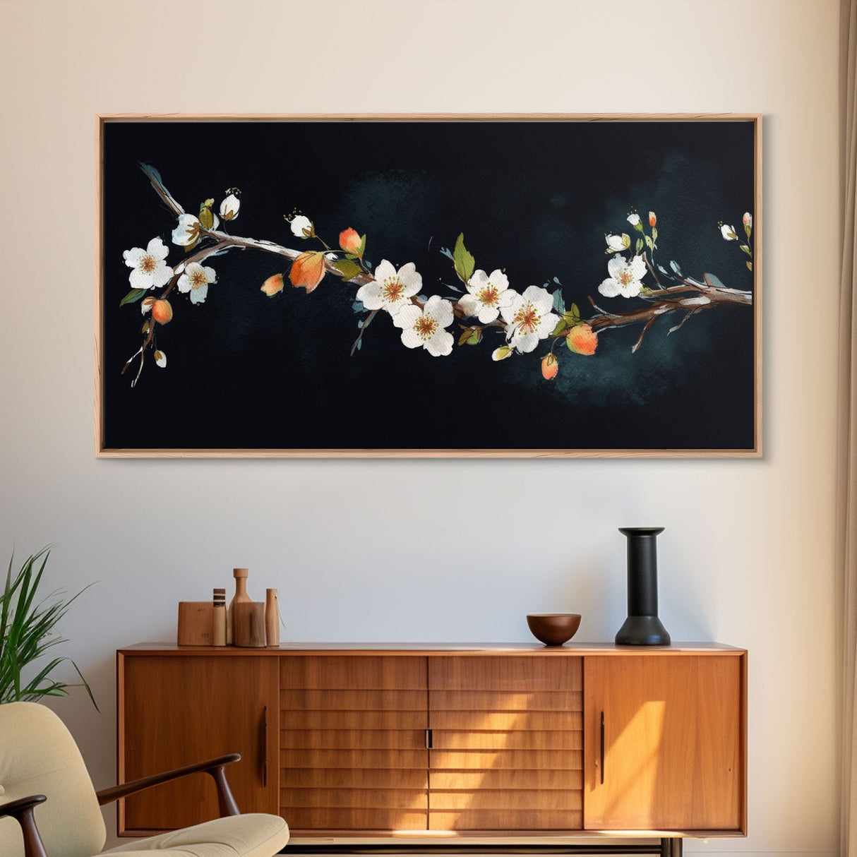 Cherry Blossoms Wall Decor, Floral Wall Art, White Flowers Wall Art, Panoramic Wall Decor, Canvas Print, Wall Art, Framed Canvas Art