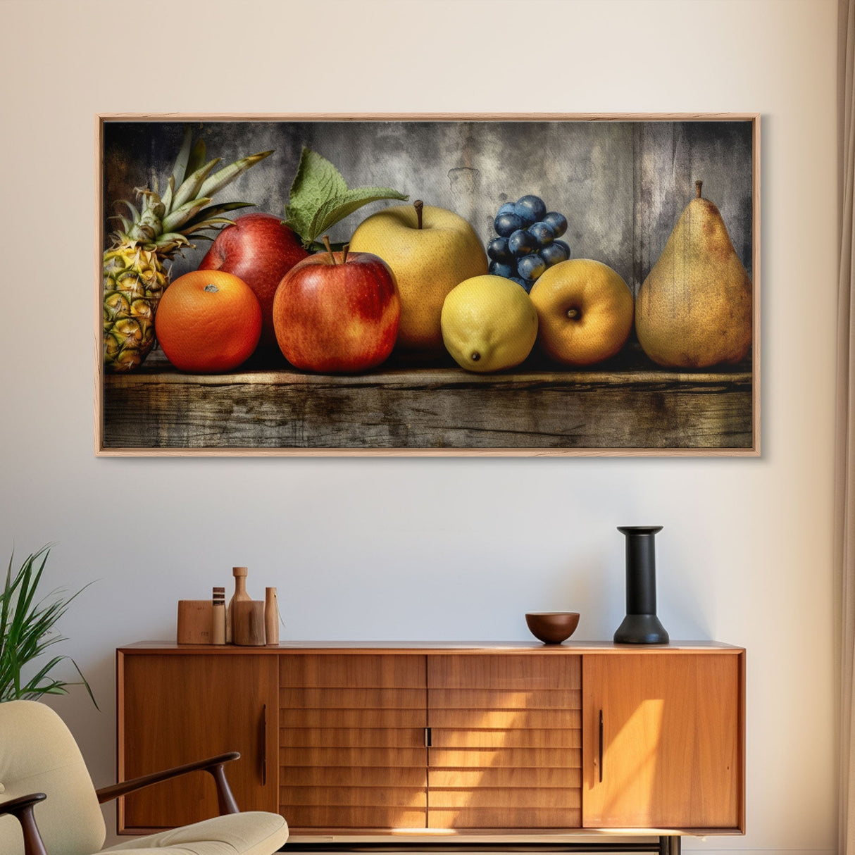 Fruits Wall Art, Food Art, Pineapple, Apples, Orange, Kitchen Wall Decor, Panoramic Wall Decor, Canvas Print, Wall Art, Framed Canvas Art