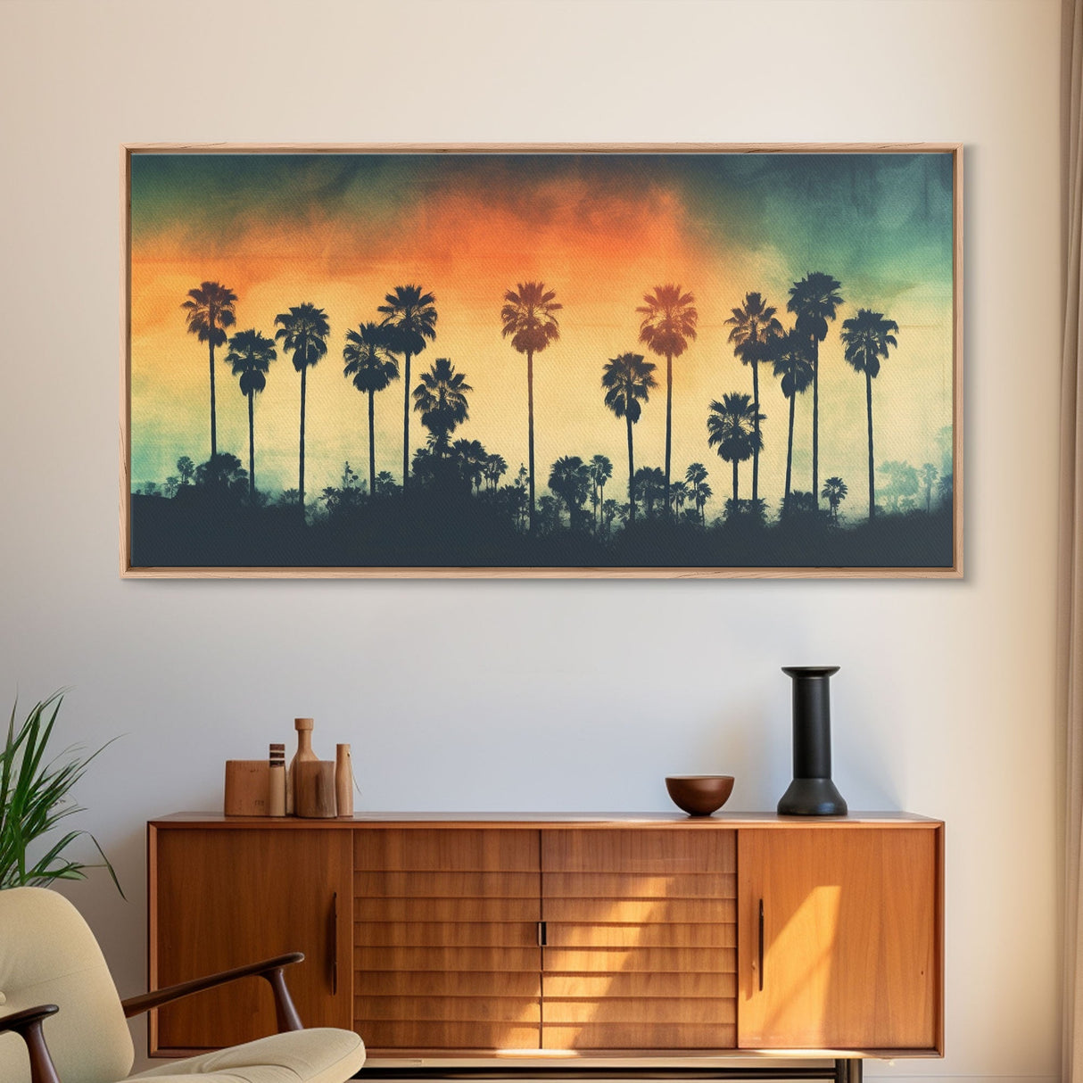 Palm Trees Wall Decor, Tropical Wall Art, Sunset Abstract Art, Panoramic Wall Decor, Canvas Print, Wall Art, Framed Canvas Art