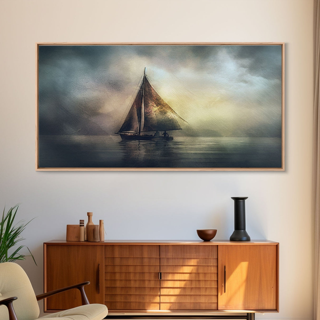 Abstract Sailboat Wall Decor, Ocean Wall Art, Seascape, Storm Wall Decor, Panoramic Wall Decor, Canvas Print, Wall Art, Framed Canvas Art