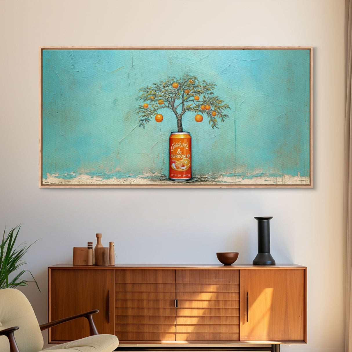 Orange Tree In Soda Can Wall Decor, Orange Wall Art, Plant Art, Teal Art, Panoramic Wall Decor, Canvas Print, Wall Art, Framed Canvas Art