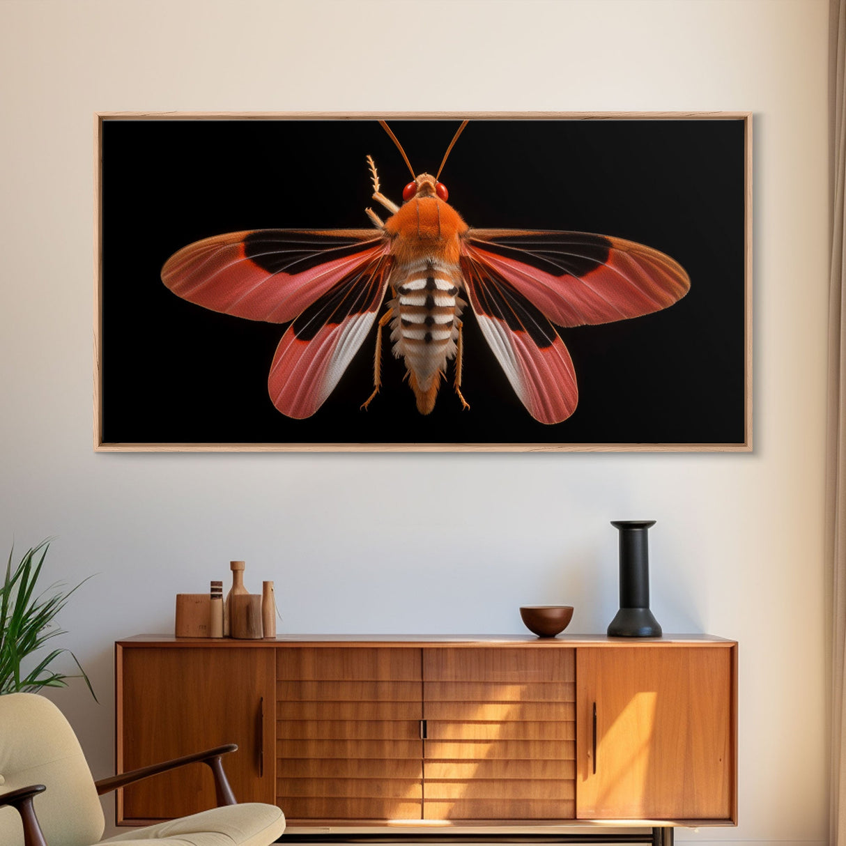 Red Moth Wall Decor, Insect Wall Art, Nature Wall Decor, Minimalist Art, Panoramic Wall Decor, Canvas Print, Wall Art, Framed Canvas Art