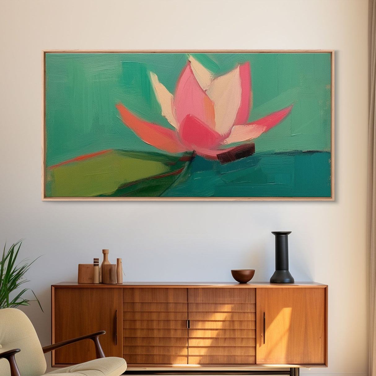 Pink Water Lily Wall Art, Pink Flower, Nature Wall Decor, Oil Painting, Panoramic Wall Decor, Canvas Print, Wall Art, Framed Canvas Art