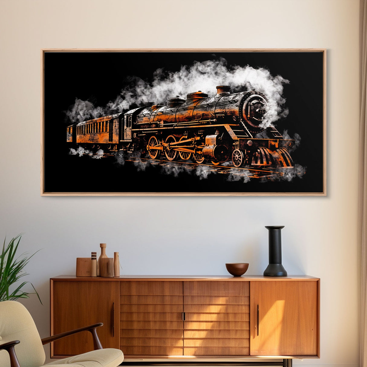 Locomotive Wall Decor, Orange Steam Train Wall Art, Retro Train Wall Art, Panoramic Wall Decor, Canvas Print, Wall Art, Framed Canvas Art