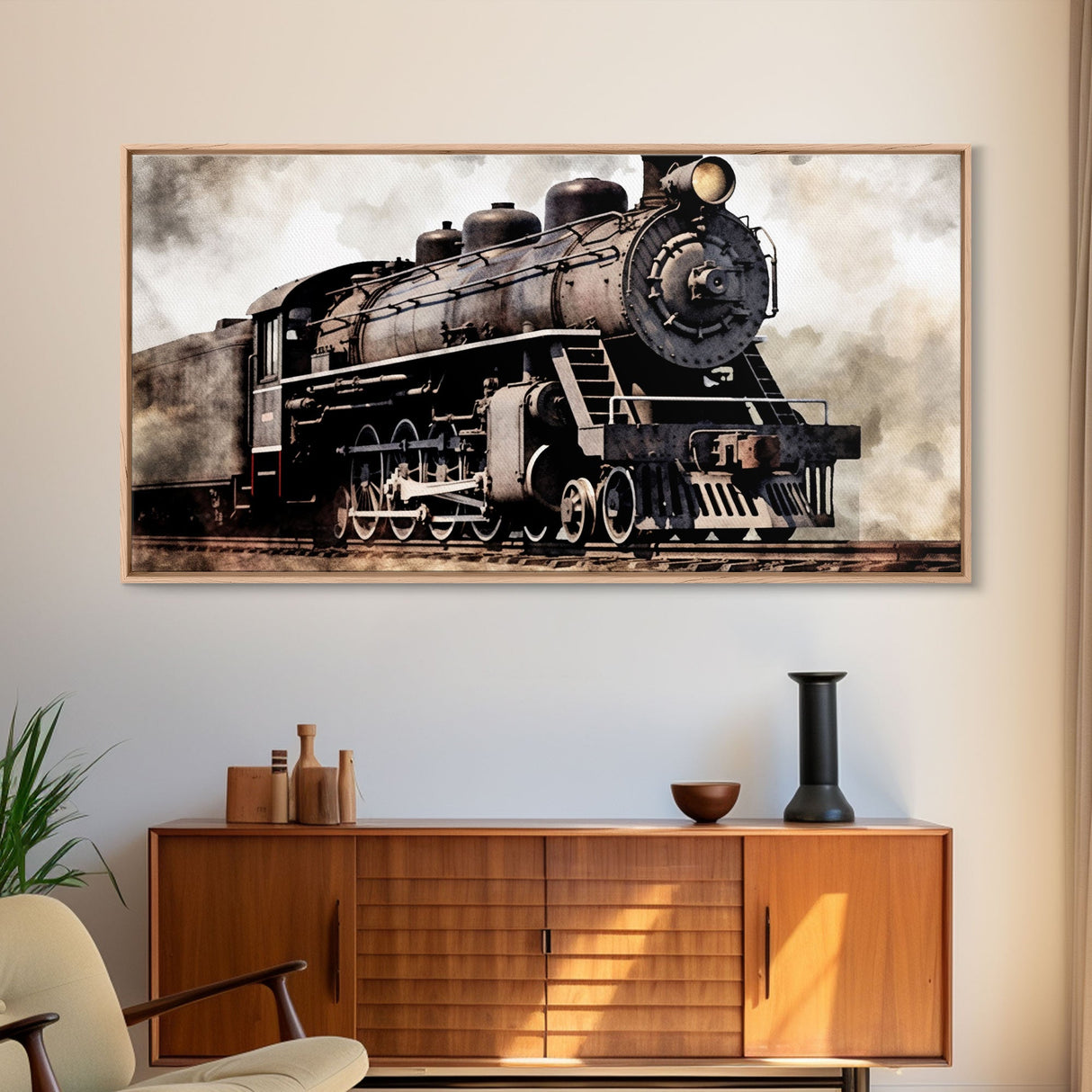 Black Steam Train Wall Art, Locomotive Wall Decor, Retro Train Wall Art, Panoramic Wall Decor, Canvas Print, Wall Art, Framed Canvas Art