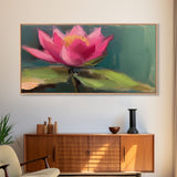 Pink Flower, Pink Water Lily Wall Art, Nature Wall Decor, Oil Painting, Panoramic Wall Decor, Canvas Print, Wall Art, Framed Canvas Art